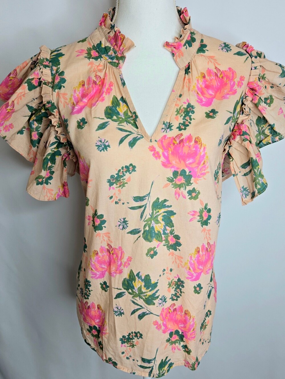 entro Peach Floral Ruffle Sleeve Blouse with Pink & Green Print